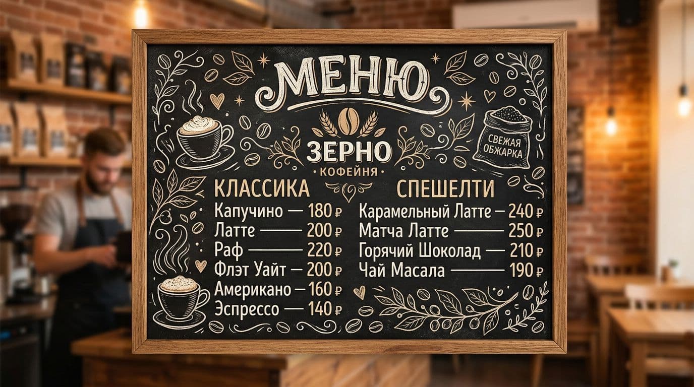 Меню-доска для кофейни. СуперИнтеллект, nano-banana-2.