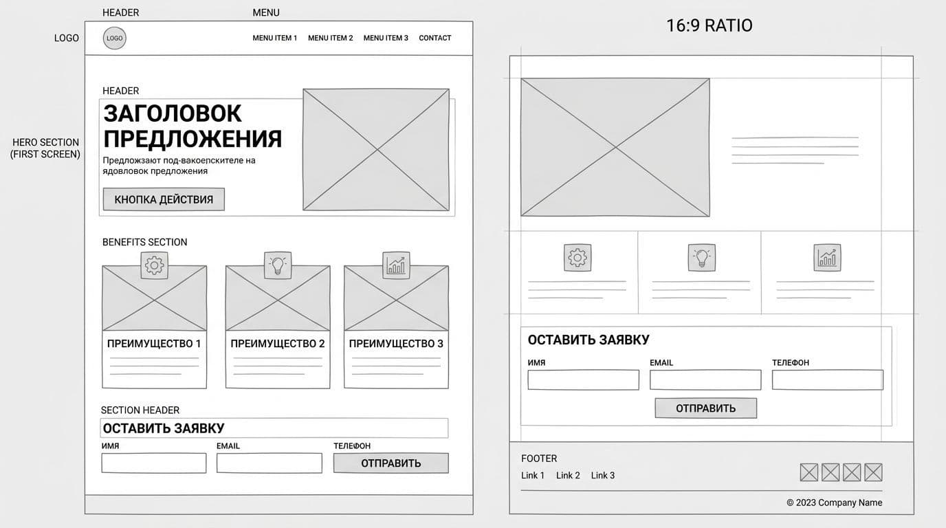 Ч/б прототип сайта (вайрфрейм). СуперИнтеллект, nano-banana-2.
