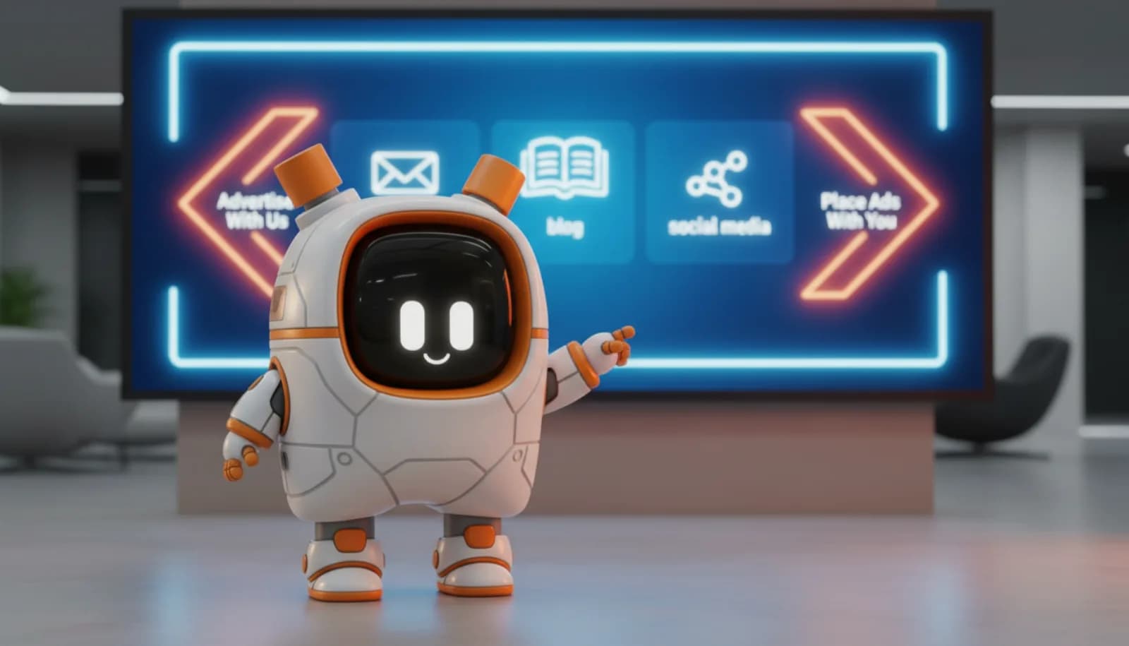 Маскот Суинчик у рекламного экрана — реклама на AI-платформе SUIN.AI