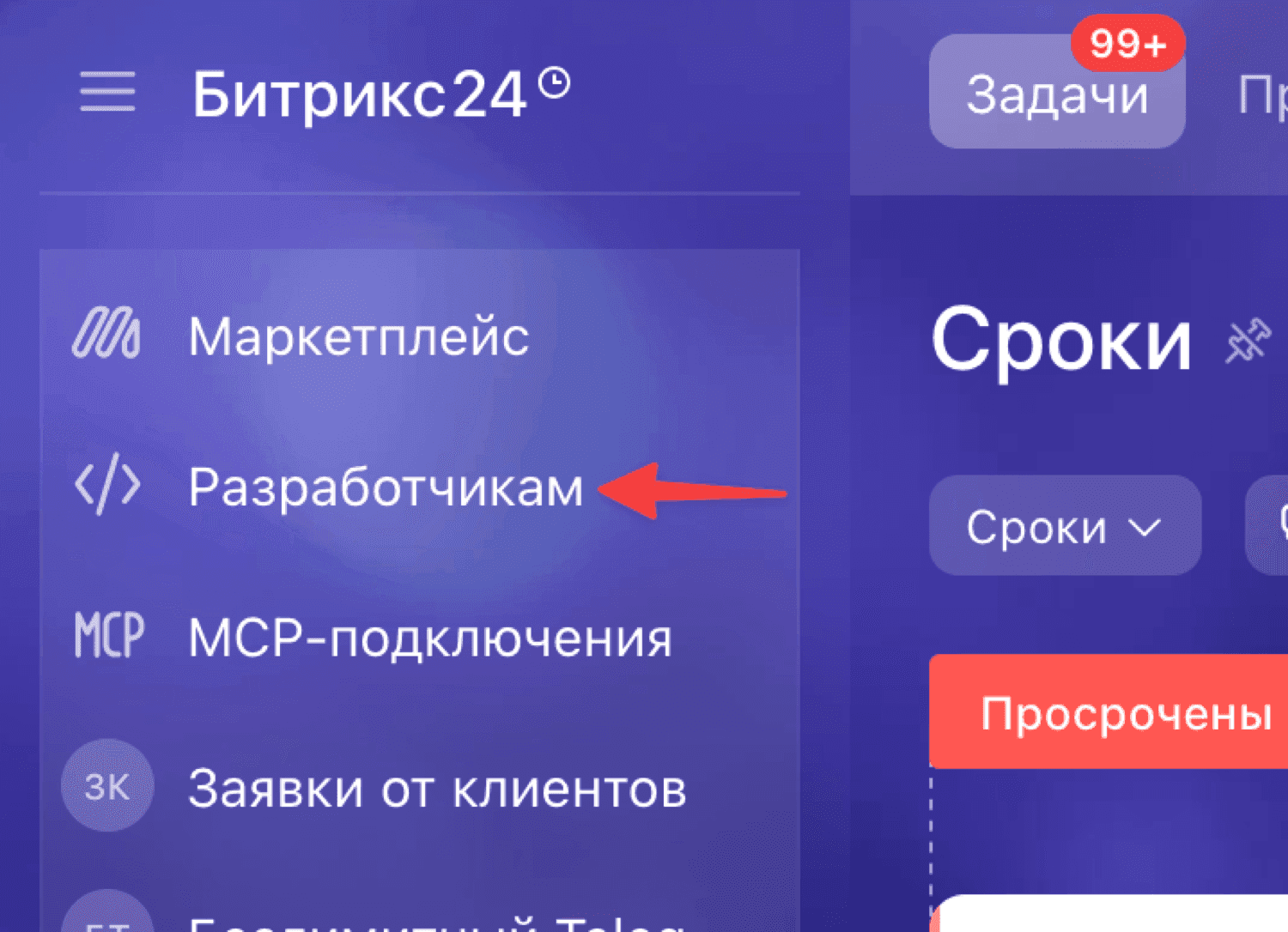 Шаг 1. В Битрикс24 откройте раздел «Разработчикам» в левом меню