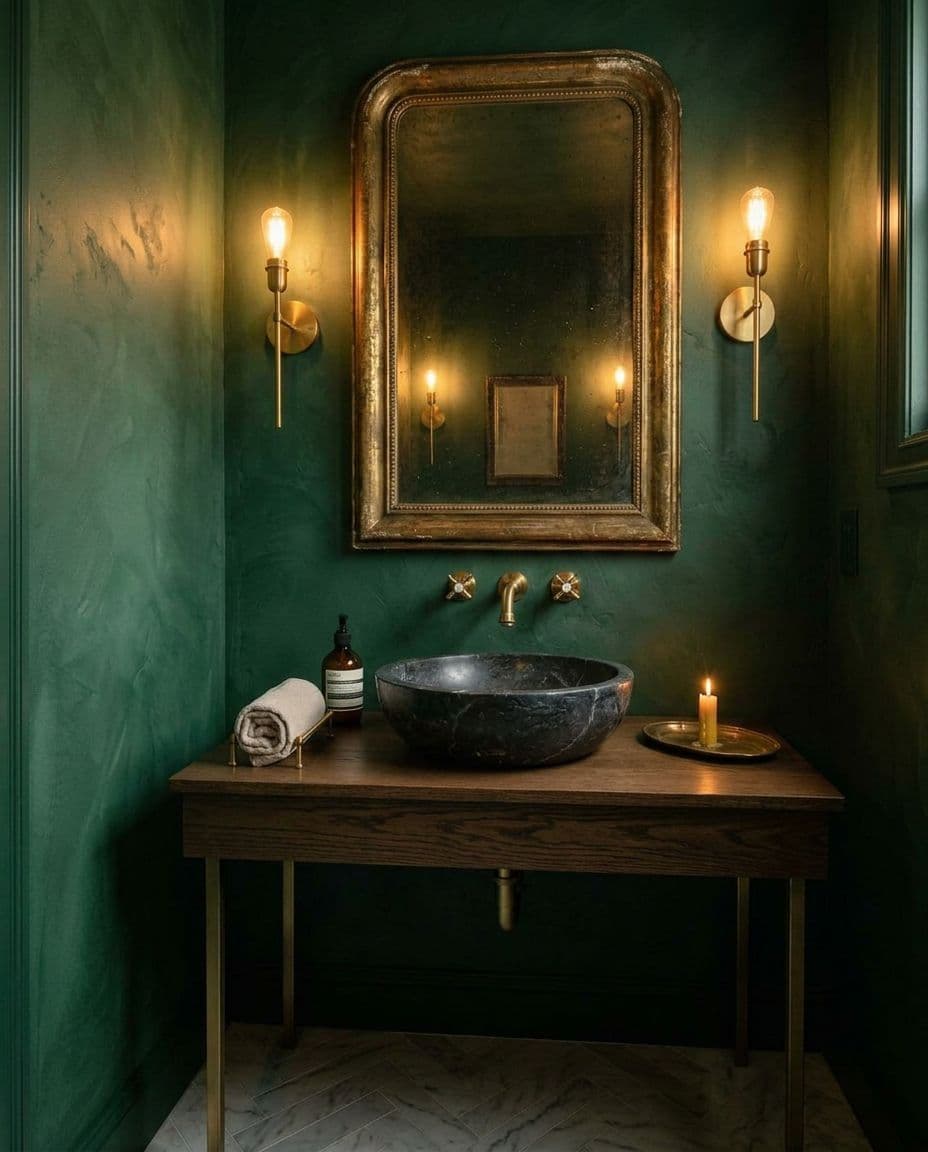 Промпт «Deep Green & Stone — эстетика ванной комнаты» — результат генерации