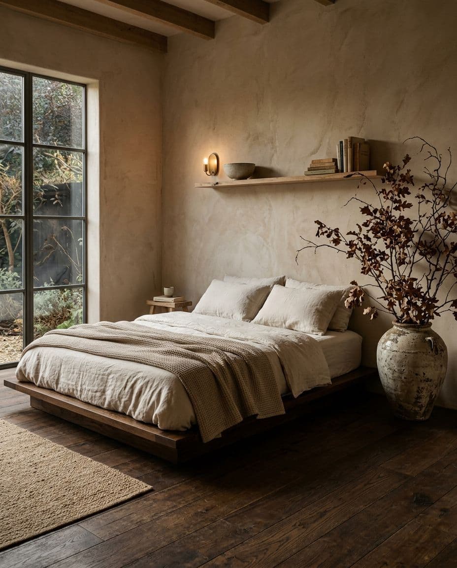 Промпт «Wabi-sabi Zen Bedroom — японский минимализм» — результат генерации
