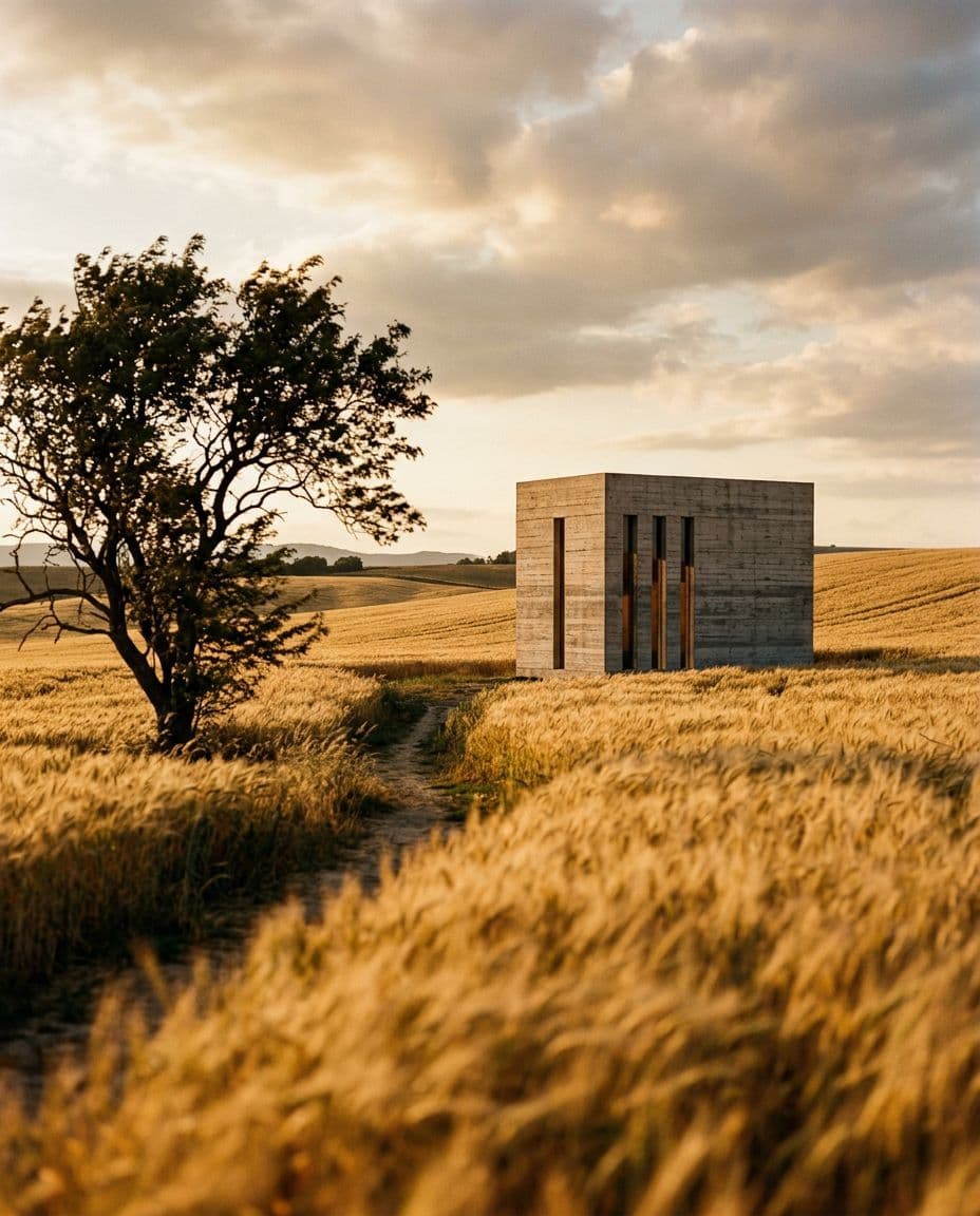 Промпт «Concrete & Golden Fields — концептуальная часовня» — результат генерации